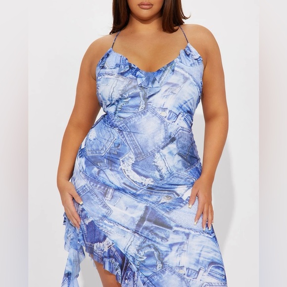 Denim Print Mesh Maxi Dress - Ruffle Detail - Denim Blue - Size 1X - Picture 3 of 4